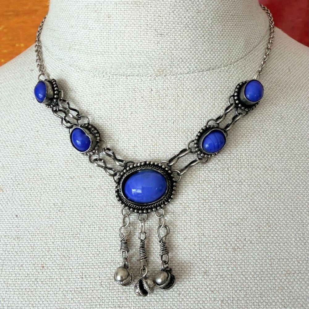 Vintage Afghan Kuchi Cobalt Blue Glass Tribal Bell Necklace